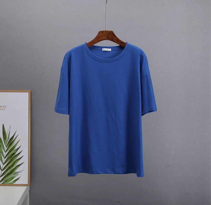 Hirsionsan Basic Cotton T Shirt Women Summer New Loose Solid Tees 19 Color Casual Loose Tshirt Oversized O Neck Female Tops