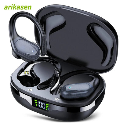 Wireless Earbuds Sport Bluetooth 5.3 Headphones with Noise Cancelling Mic 75H HiFi Stereo Over Ear Bud LED Display USB-C IPX6