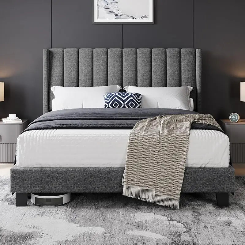 Queen Frame Upholstered Platform Bed With Fabric Headboard, Wing Edge Design/Non-Slip And Noise-Free/Wooden Slats