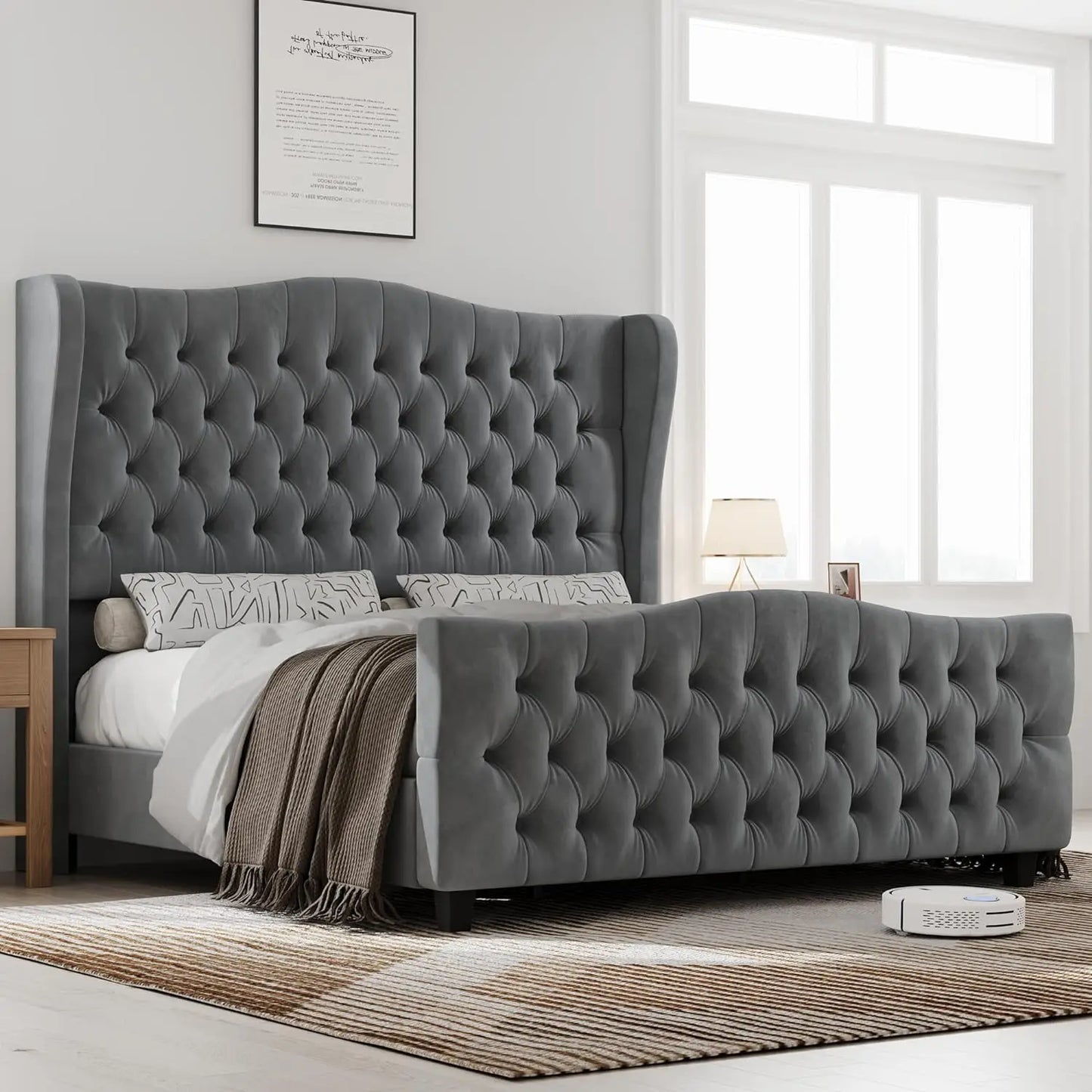 King Bed Frame with Velvet Upholstered Deep Button Tufted Wingback Headboard and Footboard, No Box Spring Needed, King Bed Frame