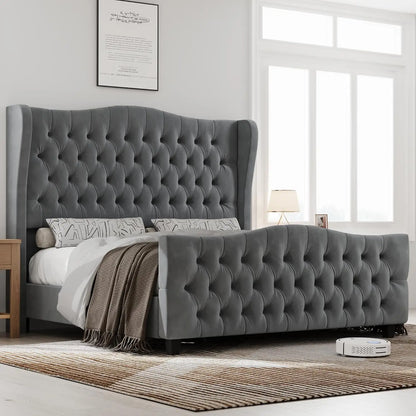 King Bed Frame with Velvet Upholstered Deep Button Tufted Wingback Headboard and Footboard, No Box Spring Needed, King Bed Frame