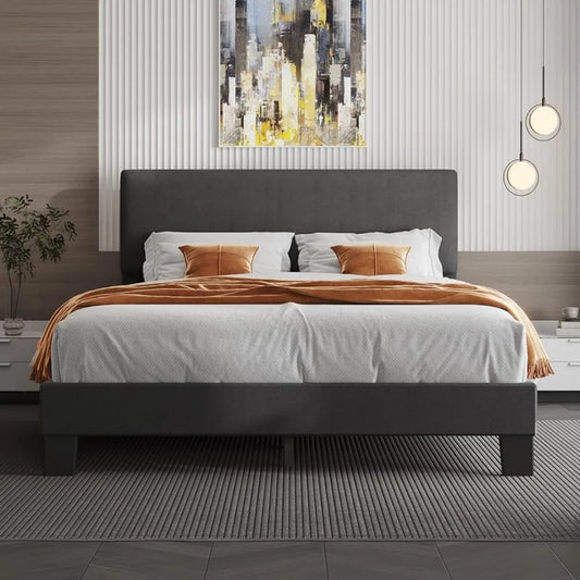 Queen Bed Frame with Headboard,Linen Upholstered with Wood Slats Support,No Box Spring Needed,Dark Grey Bed Frame