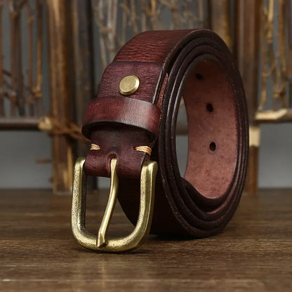3.3CM Genuine Leather Belt Men Luxury Strap Male Fashion Pure Cowhide Copper Buckle Wild Classic Retro Pin Buckle High Quality