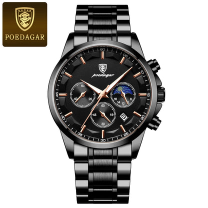 POEDAGAR Luxury Man Wristwatch Military Waterproof Luminous Chronograph Men Watch Stainless Steel Men's Quartz Watches+box Reloj