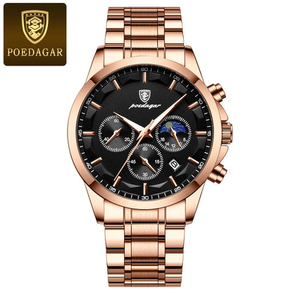 POEDAGAR Luxury Man Wristwatch Military Waterproof Luminous Chronograph Men Watch Stainless Steel Men's Quartz Watches+box Reloj