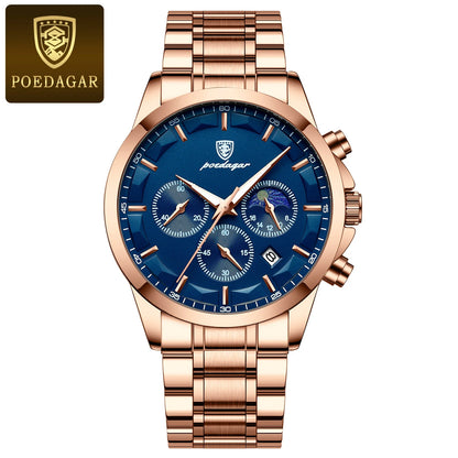 POEDAGAR Luxury Man Wristwatch Military Waterproof Luminous Chronograph Men Watch Stainless Steel Men's Quartz Watches+box Reloj