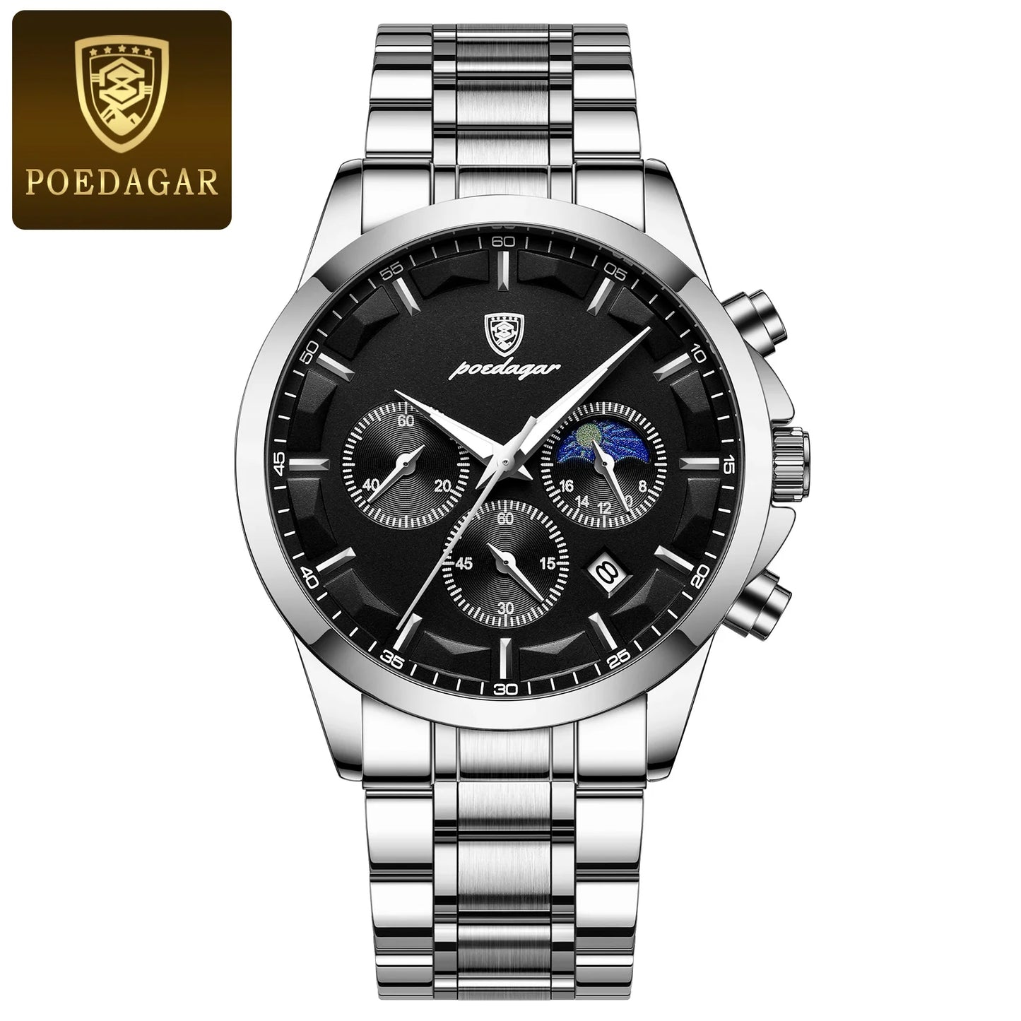 POEDAGAR Luxury Man Wristwatch Military Waterproof Luminous Chronograph Men Watch Stainless Steel Men's Quartz Watches+box Reloj