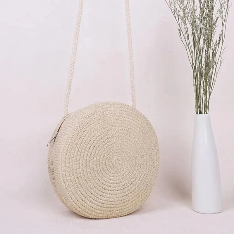 Minimalist Straw Bag Round Crossbody Purse Women Shoulder Vocation Style Handbag