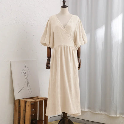 Vintage 100% Cotton Women'S Dress Retro Crepe Gauze V-Neck Puff Sleeve Bandage Lace Up Elegant Dresses For Women Long Maxi Robe