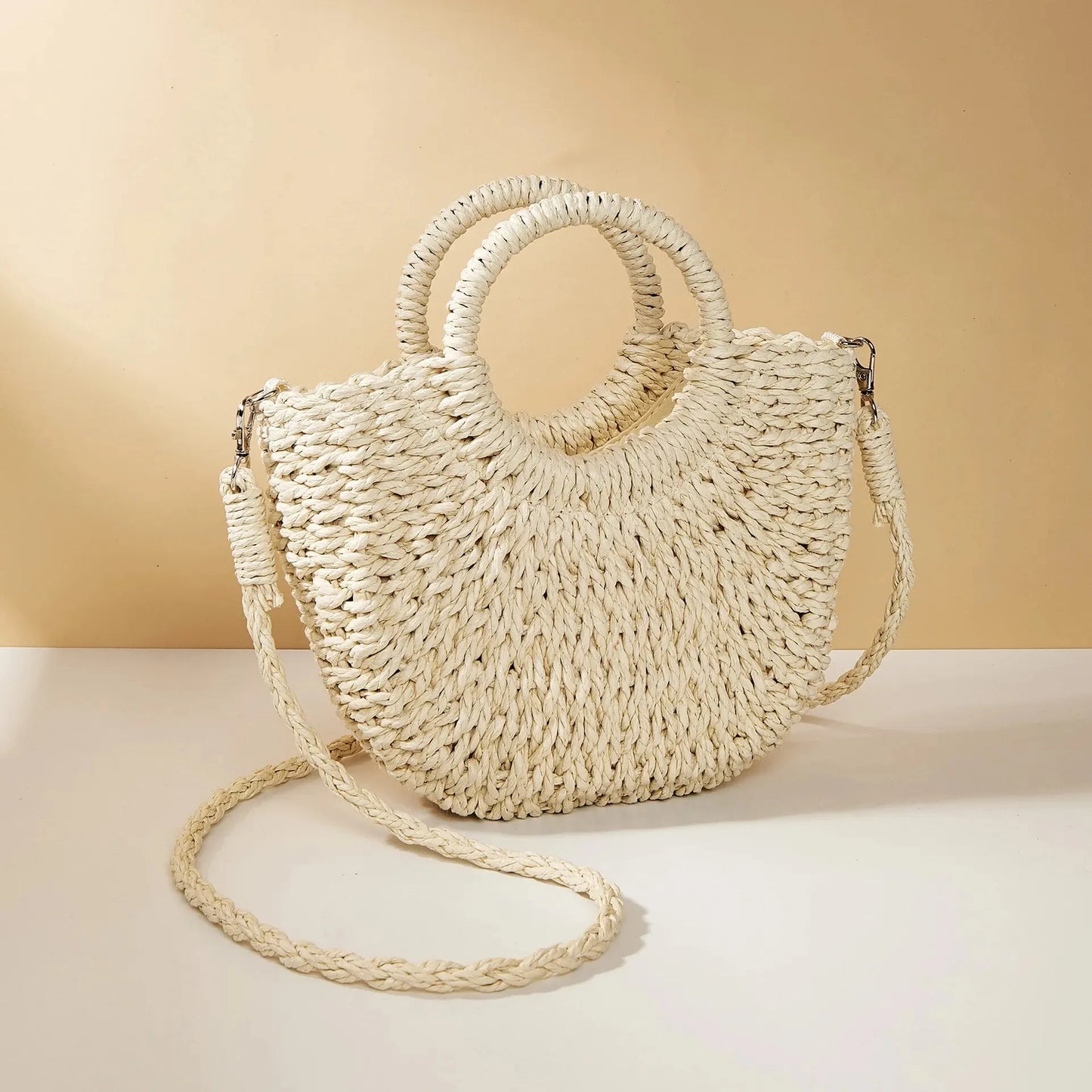 Handwoven Straw Rattan Half-Moon Beach Handbag Large Capacity Women Summer Hollow Out Crossbody Shoulder Bag