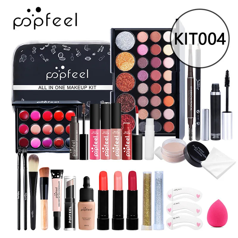 POPFEEL Makeup Full Kit Female Make Up Set Eye Shadow Eyeshadow Palette Lip Gloss Mascara Eyeliner Brushes Bag Make-up for Women