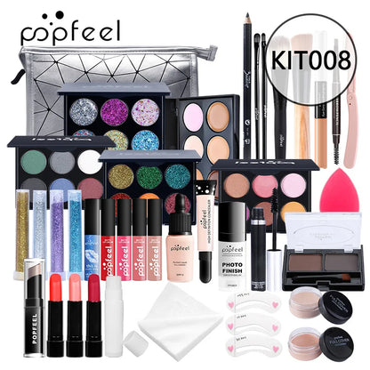 POPFEEL Makeup Full Kit Female Make Up Set Eye Shadow Eyeshadow Palette Lip Gloss Mascara Eyeliner Brushes Bag Make-up for Women