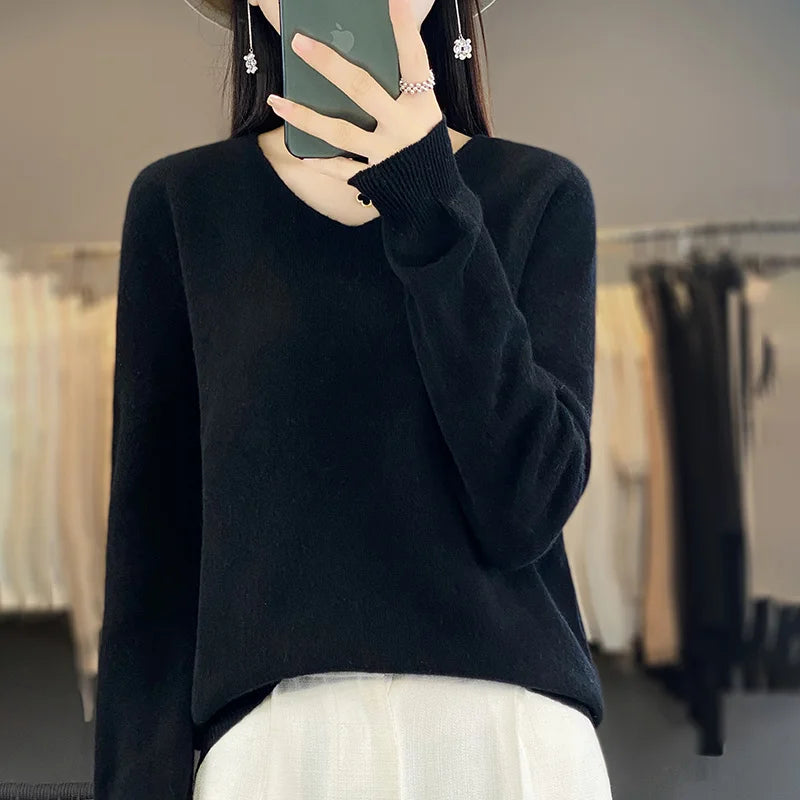 100% Pure Wool Soft Sweater Women Autumn Winter First Line Seamless Low V-neck Pullover Basis Casual Cashmere Warm Knitting Top