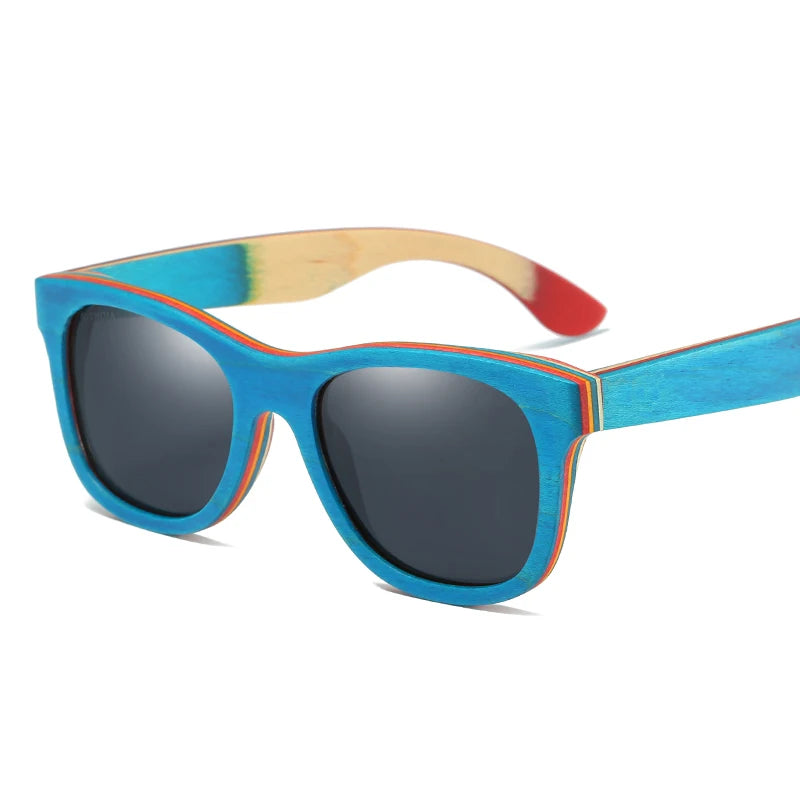 GM Skateboard Wooden Sunglasses Blue Frame With Coating Mirrored Bamboo Sunglasses UV 400 Protection Lenses in W033