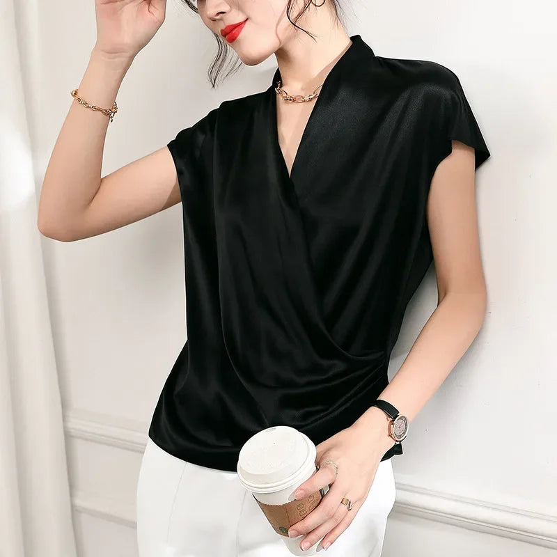 Mulberry Silk Shirts for Women, 100% Silk, Cross V-Neck, Fold at the Waist, Solid Color, Casual Tops