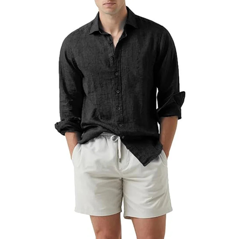 Summer Shirt Beach Cotton Linen Shirts Men Cardigan Tops Long Sleeved Turn Down Collar Slim Fit Large Size