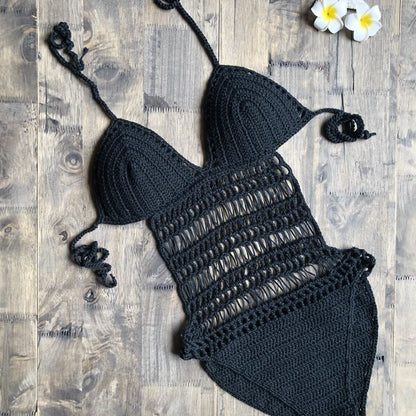 Sexy Hollow Out Cotton Crochet Swimwear, Women One Piece Swimsuit, Female Halter Knit Bodysuits Monokini Beach Bathing Suit