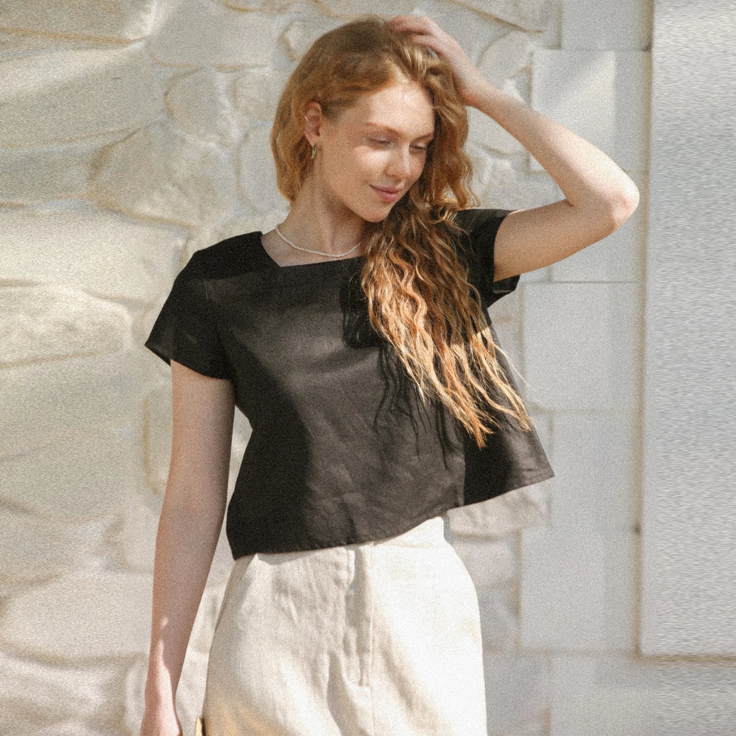 100% Linen Women's T-shirt Summer Short Sleeve Tees Solid Square Collar Back Patchwork Shirts and Blouses