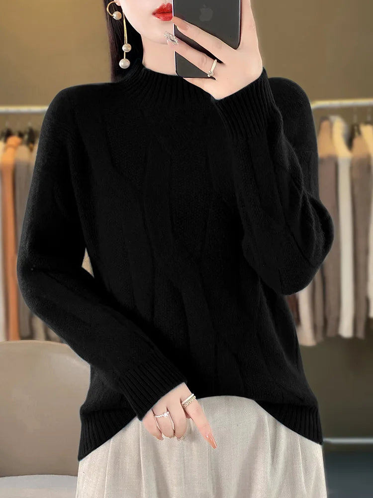 Women's Soft Wool Sweater Half-high Collar Twisted Thickened Pullover Autumn Winter Casual Basis Top Cashmere Female Knitwear