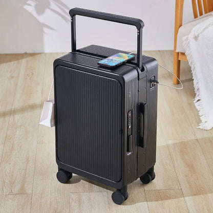 The new wide trolley cabin suitcase, aluminum frame trolley suitcase, spinner suitcase, personalized front opening business offi