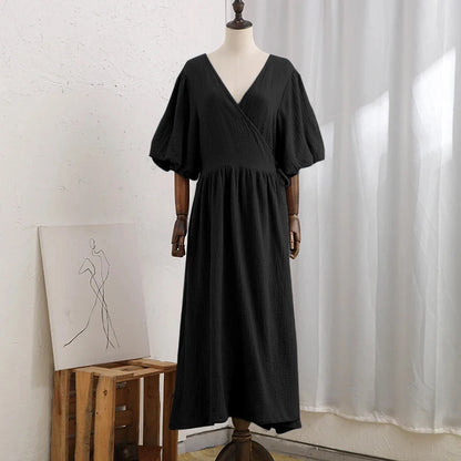 Vintage 100% Cotton Women'S Dress Retro Crepe Gauze V-Neck Puff Sleeve Bandage Lace Up Elegant Dresses For Women Long Maxi Robe