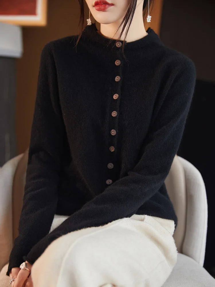 Autumn Winter 100% Wool Thicken Shirt Sweater Women Curled Round Neck Knitted Cardigan Female Multi Buckle Casual Warm Soft Top