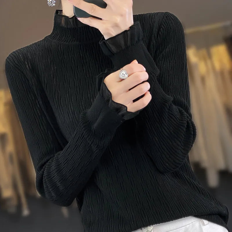 Women New Fine Wool Silk Sweater Lace Half-high Collar Hollow Out Pullover Spring Autumn Bottoming Shirt Knitting Top