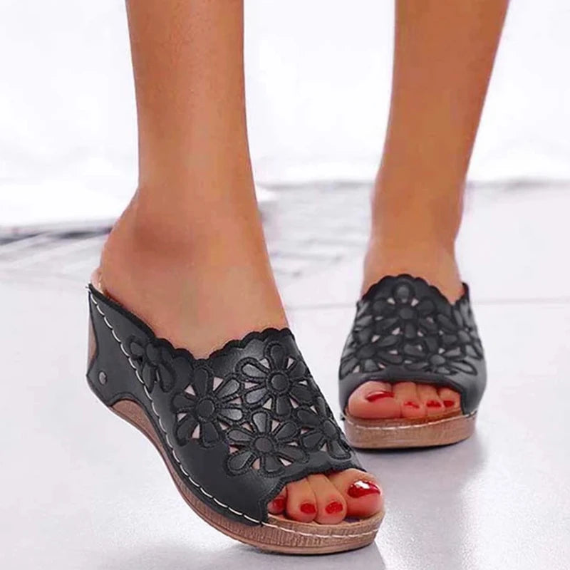 Retro Sandals Women Summer Wedge Flowers Shoes Sandals Fish Mouth Woman Sandals Femme Plus Size Female Shoes Zapatos De Mujer