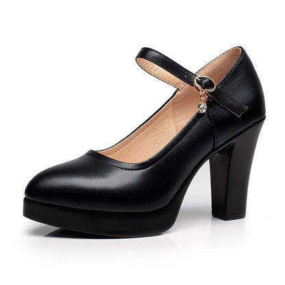 High Heels Platform Pumps Mujer Spring New Fashion Buckle Solid Black Shoes Woman PU Leather Waterproof Shoes Femme