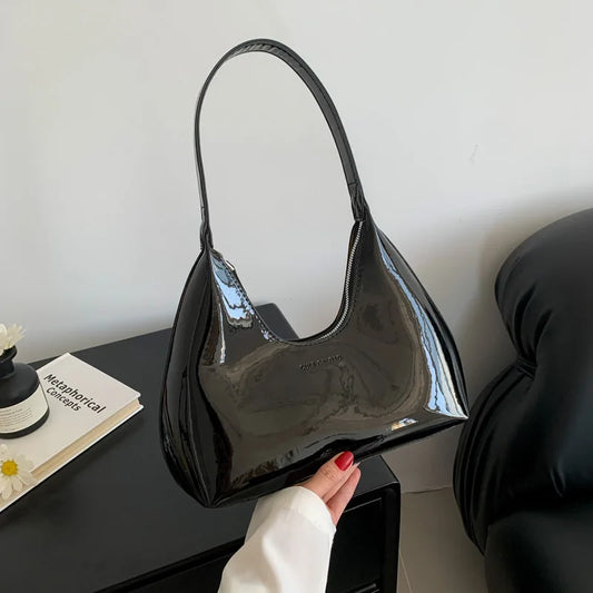 Trendy Designer Solid Shoulder Bags for Women Handbags and Purses New Fashion Patent Leather Underarm Ladies Tote Bags