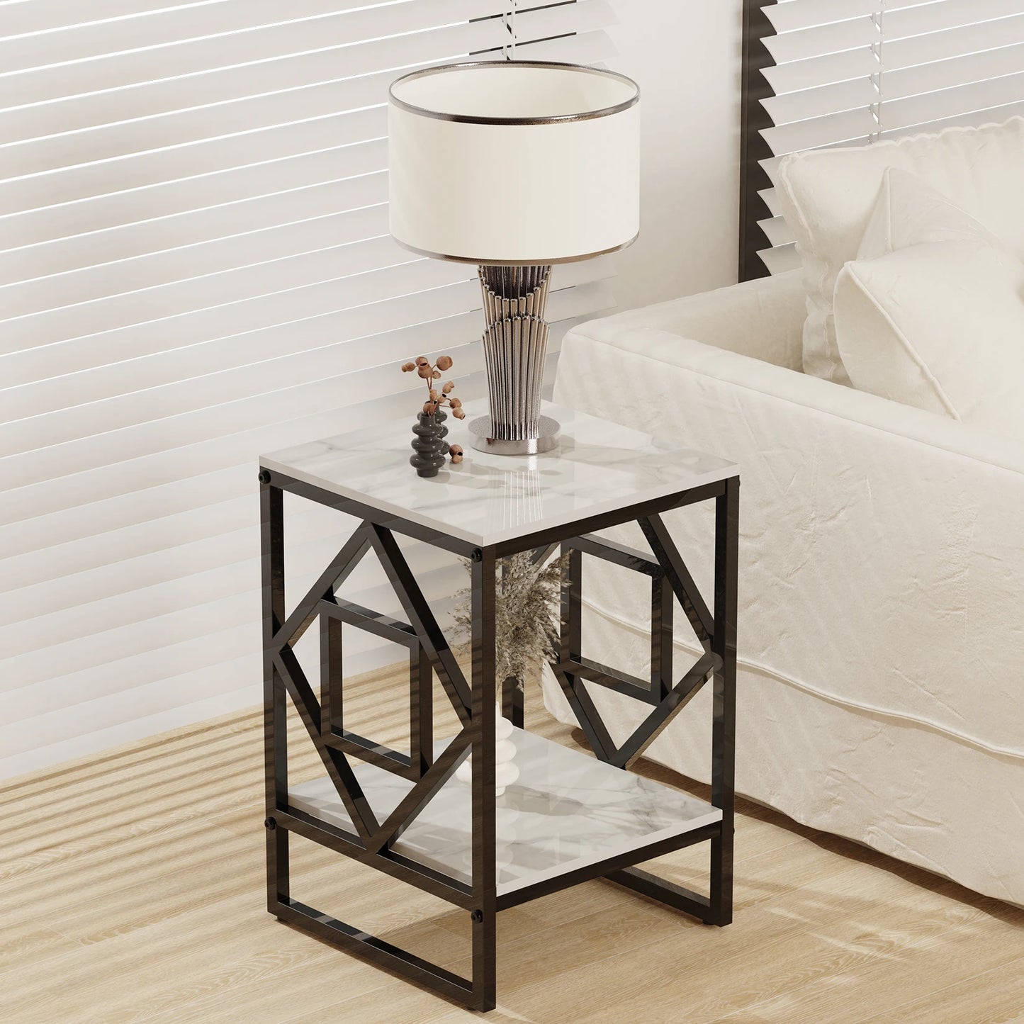 White Marble Top Side Table Sofa End Table Bedside Nightstand Black Coated Frame