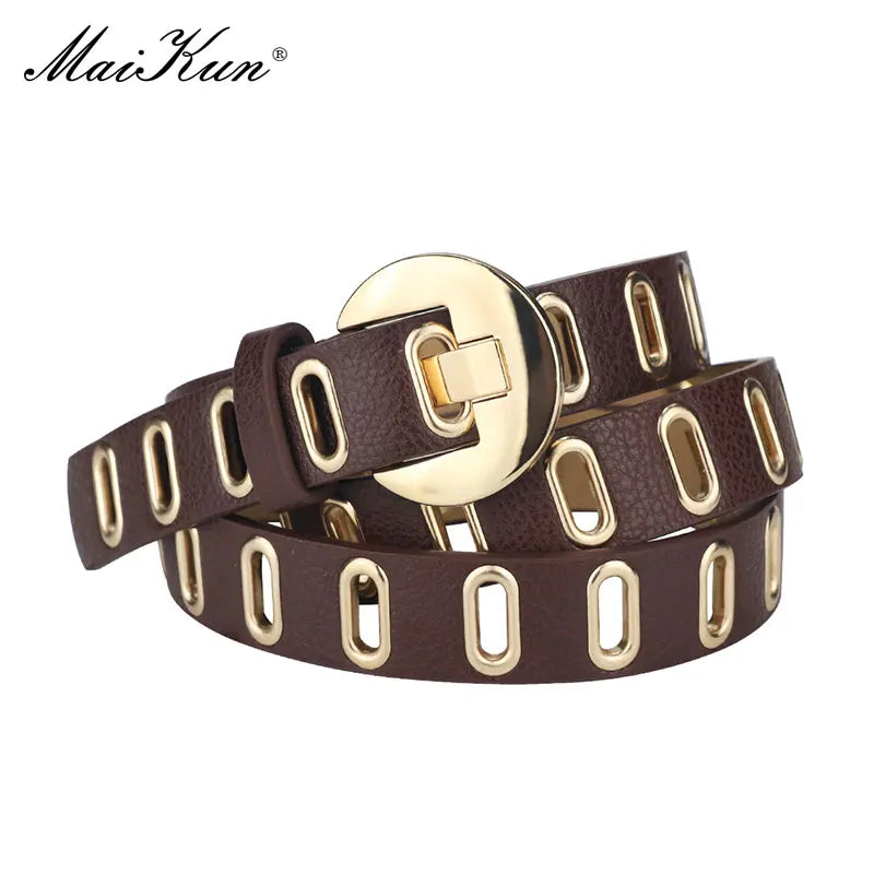 Maikun New Grunge Women Belt Adjustable Hole Grunge Punk Belts for Women Alloy Pin Buckle PU Leather Belt