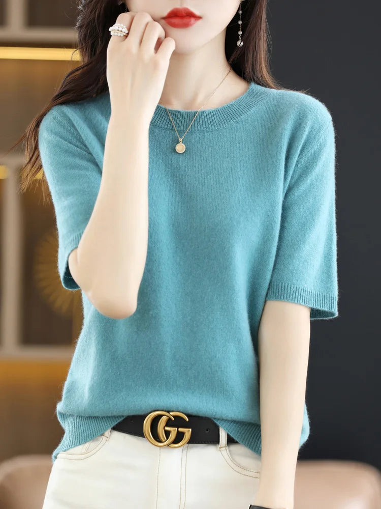 New Short-sleeved Knitwear Women O-neck T-shirt Wool Cotton Blend Pullover Vest Sprig Summer Bottoming Tops Sweater Solid Soft