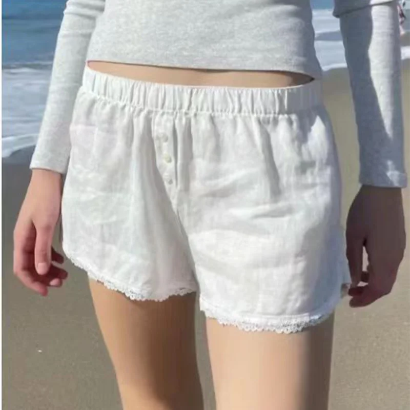 Casual Women Soft Cotton Front Buttons Shorts  Summer Vintage Low Waist Female Chic Bottoms