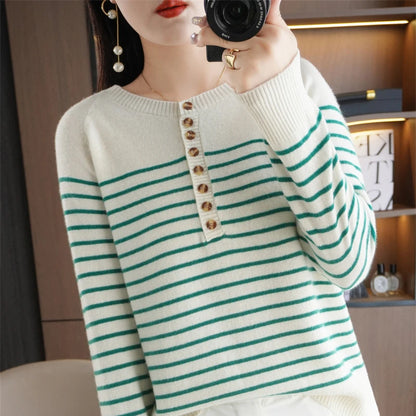 Autumn and Winter Women Striped Wool Blend Sweater O-Neck Sailor Pullover Cashmere Sweater Slim Knitted Warm Base Shirt