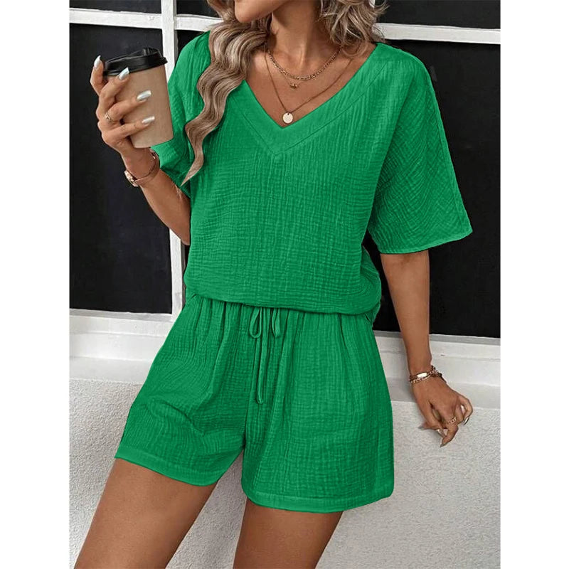 Muslin 100% Cotton Elegant Women's Sets Sexy V-neck Short Sleeve Tees + Wide Leg Shorts Set for Women 2 Pieces Casual Tracksuit