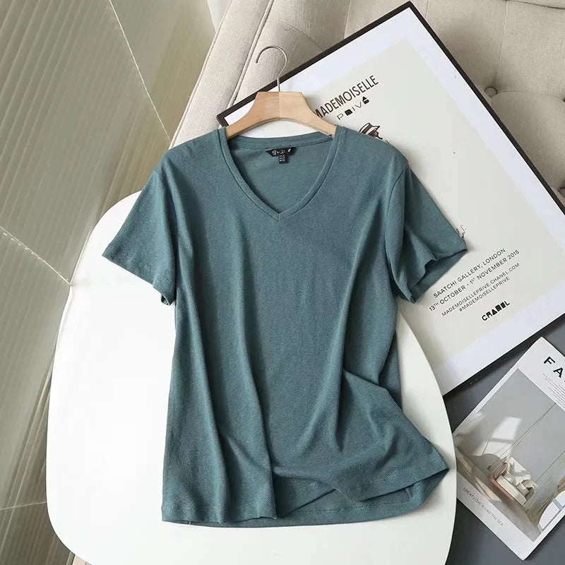 Withered Indie Folk Simple Cotton Linen Fashion V-neck Summer Tshirt Women Short Sleeve Casual Tops