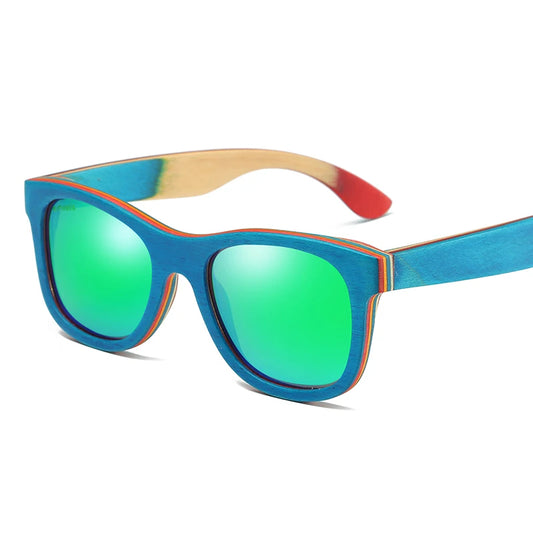 GM Skateboard Wooden Sunglasses Blue Frame With Coating Mirrored Bamboo Sunglasses UV 400 Protection Lenses in W033