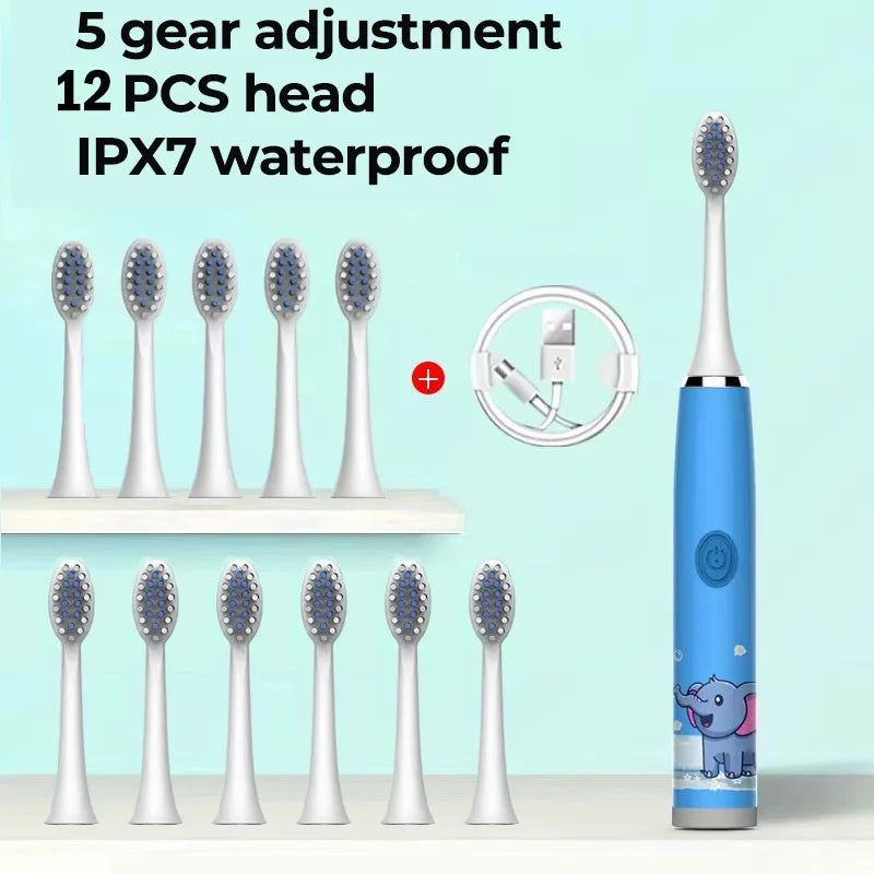 Children Electric Toothbrush Cartoon Kids With Replacement Head Ultrasonic IPX7 Waterproof Rechargeable Sonic Toothbrush