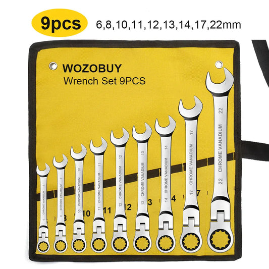 WOZOBUY Flex Head Ratcheting Wrench Set- Metric Ratchet Combination Wrenches CrV Gear Spanner Set Car Key Wrench Repair Tool Set