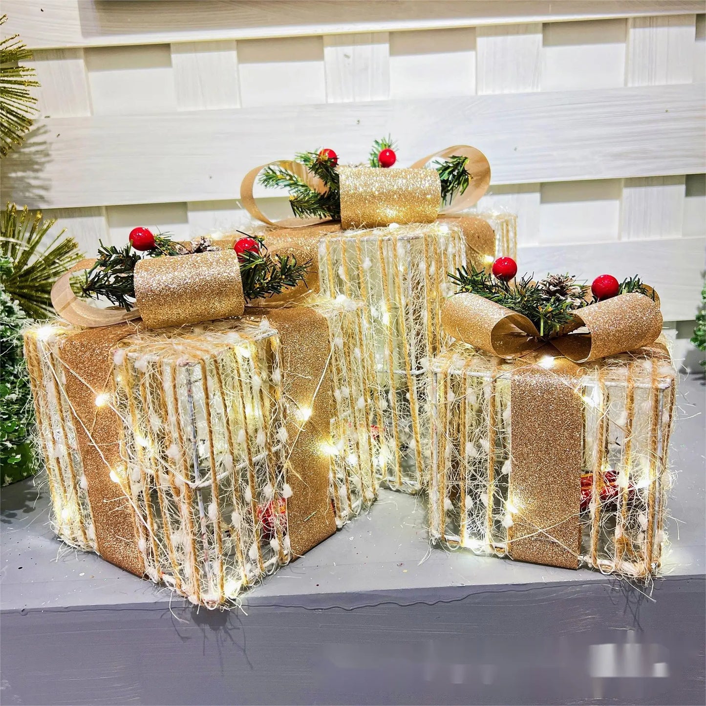 3/4pcs Set Hollowed Out Christmas Decoration Led Gift Box with Bow Lights Iron Box Art Home Outdoor Mall Gift Home Party Supplie