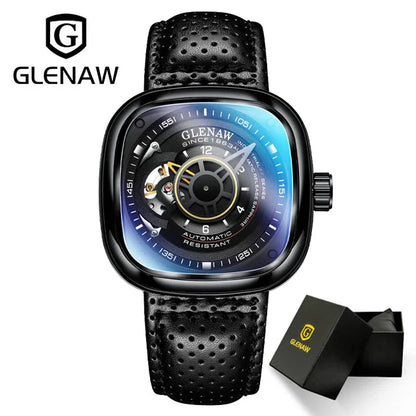 GLENAW Mechanical Watch for Men Breathable Leatherstainless Steel Automatic Skeleton Mens Watches Top Brand Luxury Reloj Hombre