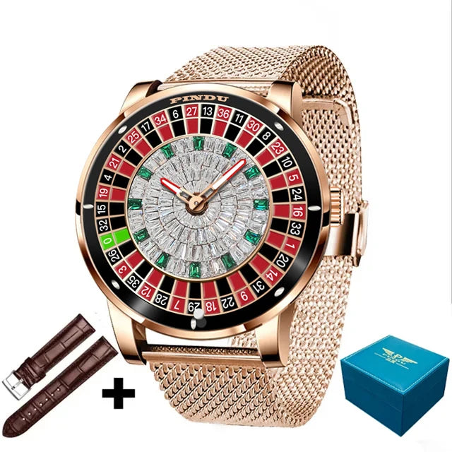 PINDU Design New Mechanical Watch NH35 Rotating Dial Las Vegas Roulette Desktop Theme Automatic Watch Men Diamond Luminous Hands