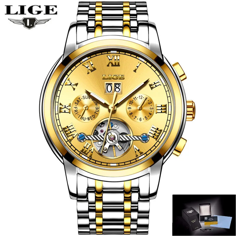 2024 LIGE Mens Watches Automatic Mechanical Watch Tourbillon Sport Clock Leather Casual Business Retro Wristwatch Relojes Hombre