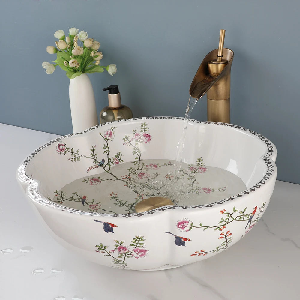 JIENI Art Ceramic Basin Set Spring Blossoms Design Washbasin Bathroom Sink Set Antique Brass Water Mixer Tap Faucet W/ Pop Drain