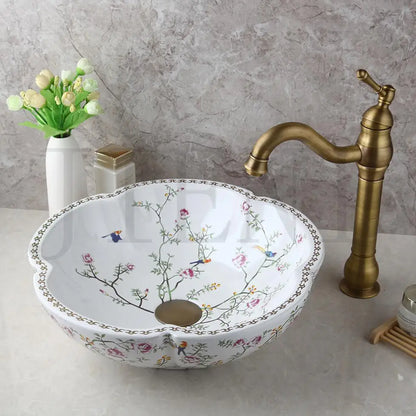 JIENI Art Ceramic Basin Set Spring Blossoms Design Washbasin Bathroom Sink Set Antique Brass Water Mixer Tap Faucet W/ Pop Drain