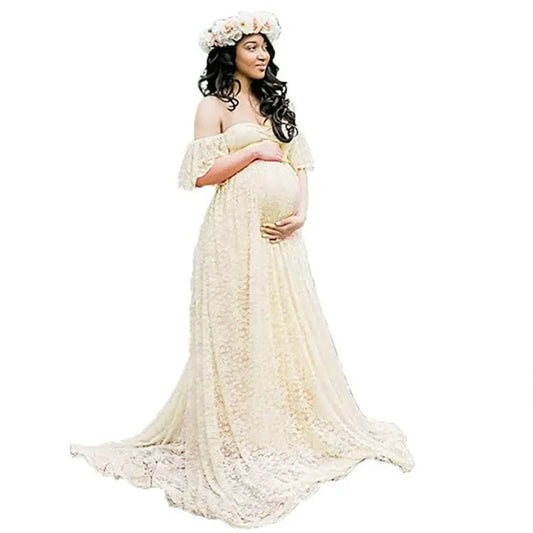 Women Maternity Gown Robe for Photo Shoot Pregnancy Clothes Dresses Beautiful Lace Tail Short Sleeve Dress