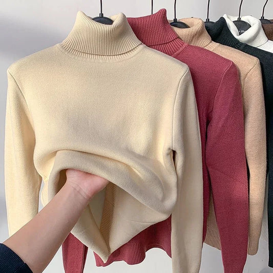 Turtleneck Winter Sweater Women Elegant Thicken Velvet Lined Warm Sueter Knitted Pullover Slim Tops Jersey Knitwear Jumper New