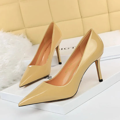 Women 8.5cm High Heels Scarpins Pumps Lady Blue Yellow Silver Glossy Leather Fetish Wedding Bridal Mid Low Heels Party Red Shoes