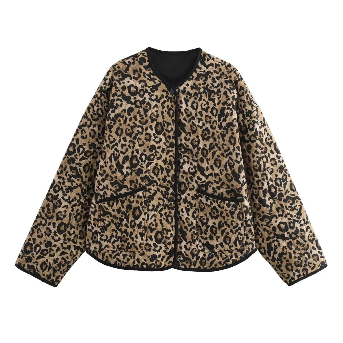 TRAF 2024 Autumn Retro Leopard Print Pockets Coats For Women Fashion Casual Long Sleeve Bomber Jacket Female Chic Outerwear